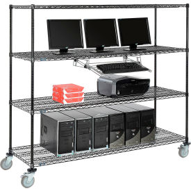 4-Shelf Mobile Wire Computer LAN Workstation w/ Keyboard Tray, 72"W x 24"D x 69"H, Black