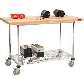Chrome Wire Mobile Workbench, 60 x 30", Maple Butcher Block Square Edge