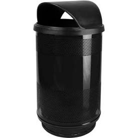 Perforated Steel Round Trash Can W/Hood Top, 55 Gallon, Black