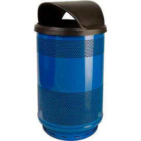 Perforated Steel Round Trash Can with Hood Top, 55 Gallon, Blue