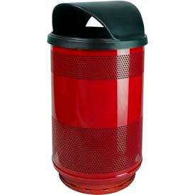 Stadium Series Perforated Steel Round Trash Can with Hood Top, 55 Gallon, Red