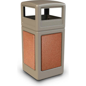 Square Waste Container w/Dome Lid - Beige w/Sedona Stone Panels, 42-Gallon