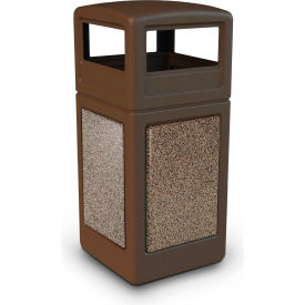 Square Waste Container w/Dome Lid - Brown w/Riverstone Stone Panels, 42-Gallon