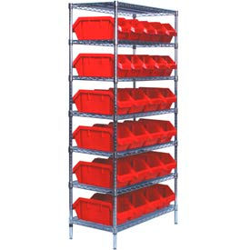 Chrome Wire Shelving With 26 QuickPick Double Open Bins Red, 18x36x74