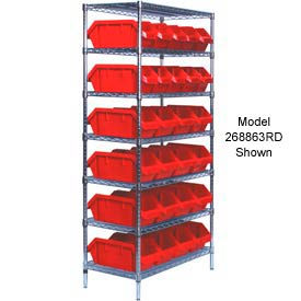 W7-12-24 Chrome Wire Shelving With 24 QuickPick Double Open Bins Red, 18x36x74