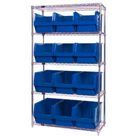 Chrome Shelving With 12 Magnum Giant Hopper Bins Blue, 18x42x74