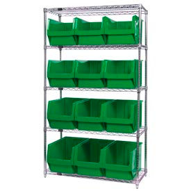 WR5-533 Chrome Shelving With 12 Magnum Giant Hopper Bins Green, 18x42x74