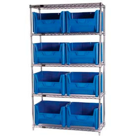 WR5-700 Chrome Wire Shelving With 8 Giant Hopper Bins Blue, 18x42x74