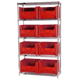 WR5-700 Chrome Wire Shelving With 8 Giant Hopper Bins Red, 18x42x74