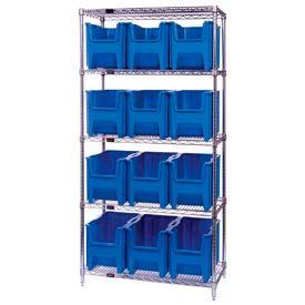 WR5-600 Chrome Wire Shelving With 12 Giant Hopper Bins Blue, 18x36x74
