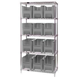 WR5-600 Chrome Wire Shelving With 12 Giant Hopper Bins Gray, 18x36x74