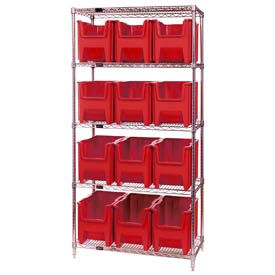 WR5-600 Chrome Wire Shelving With 12 Giant Hopper Bins Red, 18x36x74