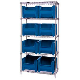 WR5-800 Chrome Wire Shelving With 8 Giant Hopper Bins Blue, 18x36x74