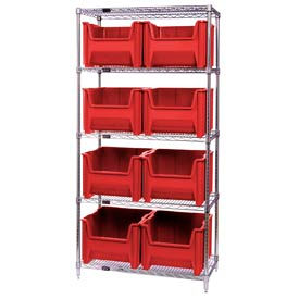WR5-800 Chrome Wire Shelving With 8 Giant Hopper Bins Red, 18x36x74