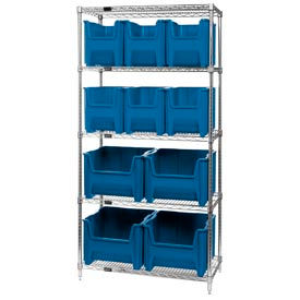 Chrome Wire Shelving With 10 Giant Hopper Bins Blue, 18x36x74
