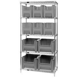 WR5-600800 Chrome Wire Shelving With 10 Giant Hopper Bins Gray, 18x36x74