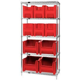 Chrome Wire Shelving With 10 Giant Hopper Bins Red, 18x36x74