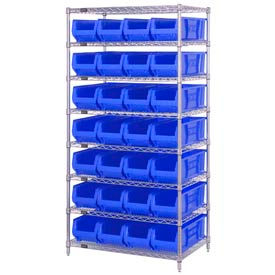 Quantum WR8-950 Chrome Wire Shelving with 28 24"D Hopper Bins Blue, 24x36x74