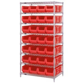WR8-950 Chrome Wire Shelving With 28 24"D Hopper Bins Red, 24x36x74