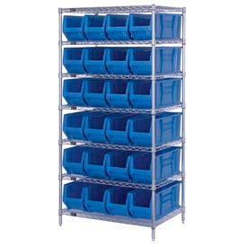 Chrome wire Shelving With 24 24"D Hopper Bins Blue, 24x36x74
