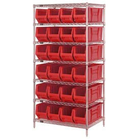 Chrome Wire Shelving With 24 24"D Hopper Bins Red, 24x36x74