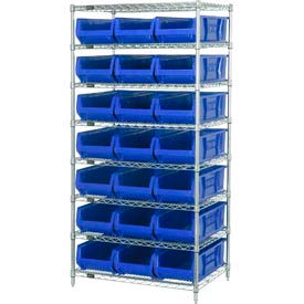 Chrome Wire Shelving With 21 24"D Hopper Bins Blue, 24x36x74