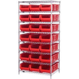 Chrome wire Shelving With 21 24"D Hopper Bins Red, 24x36x74