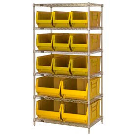 Wire Shelving With 13 24"D Hopper Bins Yellow, 24x36x74