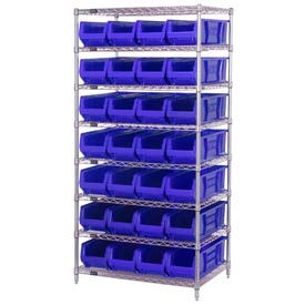 Chrome Wire Shelving With 28 30"D Hopper Bins Blue, 30x36x74