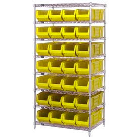 Chrome wire Shelving With 28 30"D Hopper Bins Yellow, 30x36x74