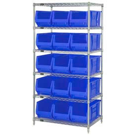 Chrome wire Shelving With 15 30"D Hopper Bins Blue, 30x36x74