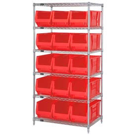 Quantum Chrome wire Shelving With 15 30"D Hopper Bins Red, 30x36x74