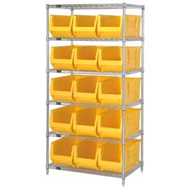 Chrome wire Shelving With 15 30"D Hopper Bins Yellow, 30x36x74