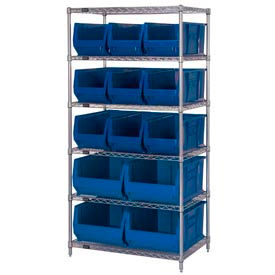 Chrome Wire Shelving with 13 30"D Hopper Bins Blue, 30x36x74