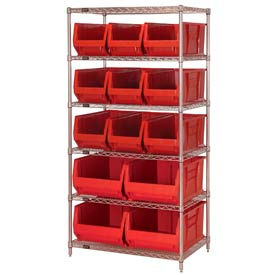 Quantum Chrome Wire Shelving With 13 Red Hopper Bins, 30x36x74
