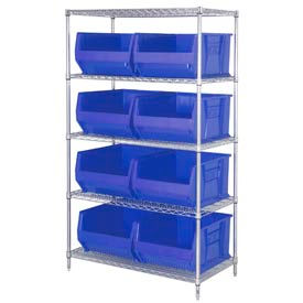 WR5-975 Chrome wire Shelving With 8 30"D Hopper Bins Blue, 30x42x74