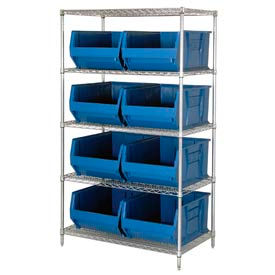 Chrome Wire Shelving With 8 36"D Hopper Bins Blue, 36x36x86