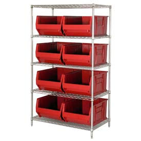 Chrome Wire Shelving With 8 36"D Hopper Bins Red, 36x36x86