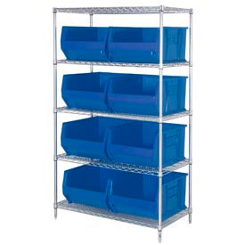 Quantum WR5-995 Chrome Wire Shelving With 8 36"D Hopper Bins Blue, 36x48x86