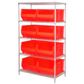 Chrome Wire Shelving With 8 36"D Hopper Bins Red, 36x48x86