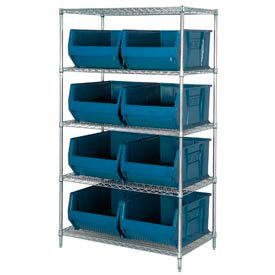 Wire Shelving With Hopper Bins Blue, 36x48x86