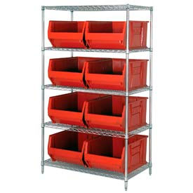 WR5-997 Chrome Wire Shelving With 8 36"D Hopper Bins Red, 36x48x86