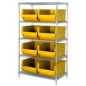 Chrome Wire Shelving With 8 36"D Hopper Bins Yellow, 36x48x86