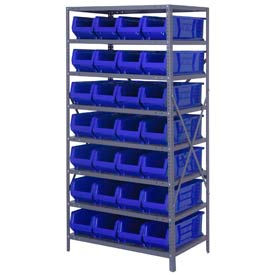 Steel Shelving with 28 24"D Hulk Hopper Bins Blue, 24x36x75
