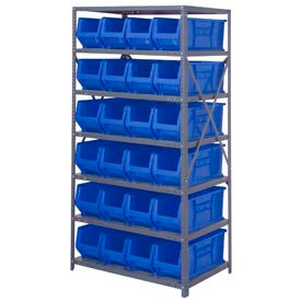 Steel Shelving with 24 24"D Hulk Hopper Bins Blue, 24x36x75