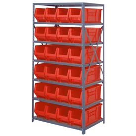 Steel Shelving with 24 24"D Hulk Hopper Bins Red, 24x36x75