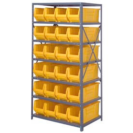 Steel Shelving with 24 24"D Hulk Hopper Bins Yellow, 24x36x75