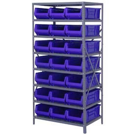 Steel Shelving with 21 24"D Hulk Hopper Bins Blue, 24x36x75