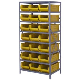 Steel Shelving with 21 24"D Hulk Hopper Bins Yellow, 24x36x75