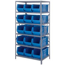 Steel Shelving with 15 24"D Hulk Hopper Bins Blue, 24x36x75